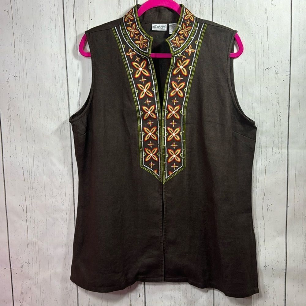 Chicos Womens Vintage Sleeveless Brown 100% Linen Boho Embroidered Floral  Vest